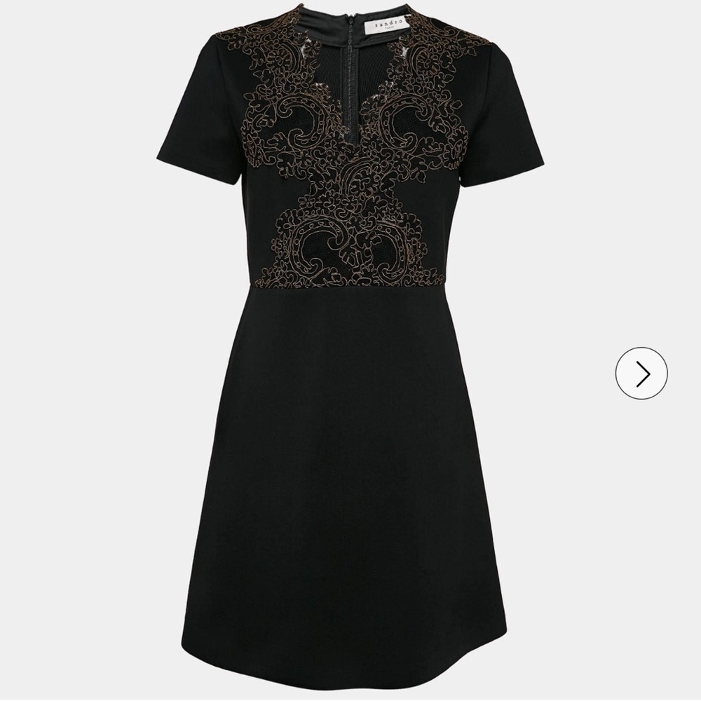 Sandro Black Dress with Embroidery R4937H-20 size Small Preppy Quiet Luxury - Picture 2 of 16